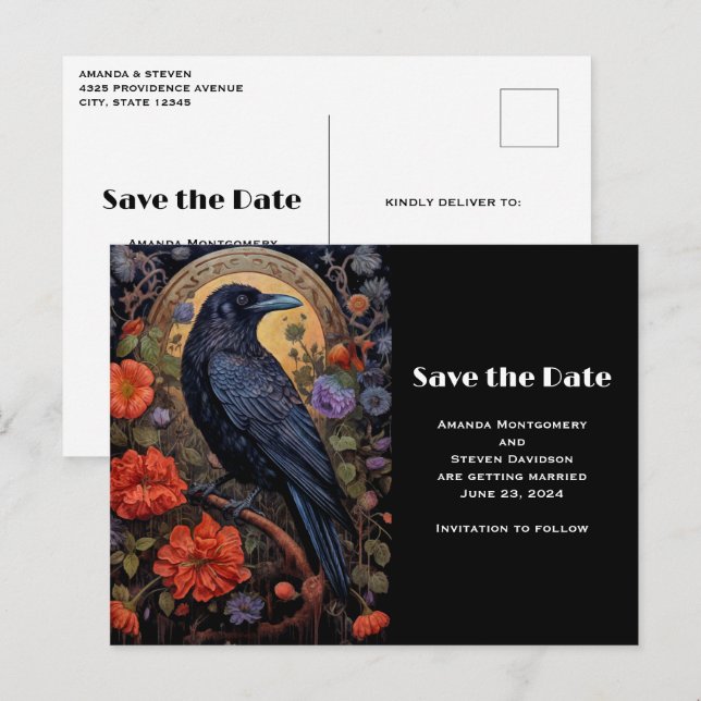 Black Raven mit Blume Gothic Save the Date Einladungspostkarte (Vorne/Hinten)