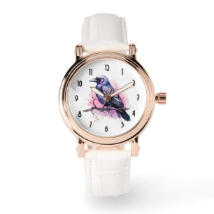 Black Raven on a Branch Illustration Armbanduhr