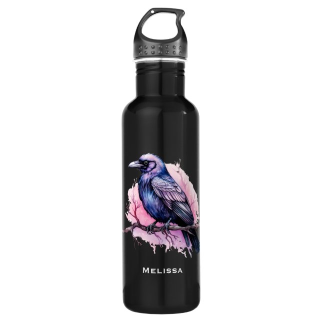 Black Raven on a Branch Illustration Edelstahlflasche (Vorderseite)