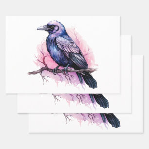 Black Raven on a Branch Illustration Geschenkpapier Set