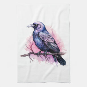 Black Raven on a Branch Illustration Geschirrtuch