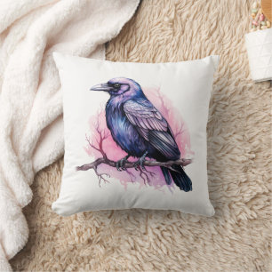 Black Raven on a Branch Illustration Kissen