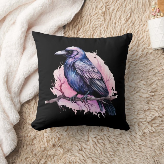 Black Raven on a Branch Illustration Kissen (Decke)