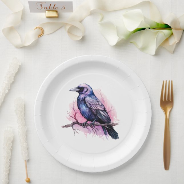 Black Raven on a Branch Illustration Pappteller (Hochzeit)