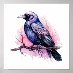 Black Raven on a Branch Illustration Poster