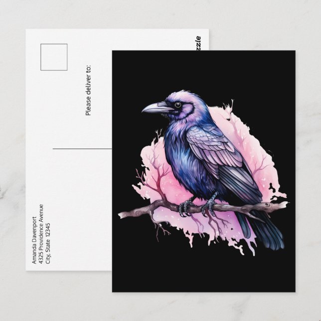 Black Raven on a Branch Illustration Postkarte (Vorne/Hinten)