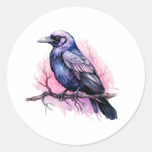 Black Raven on a Branch Illustration Runder Aufkleber
