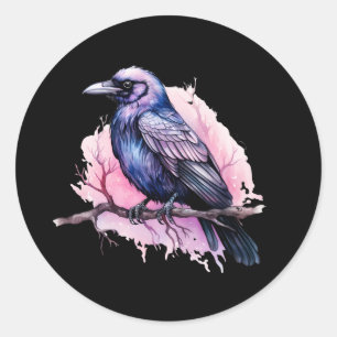 Black Raven on a Branch Illustration Runder Aufkleber