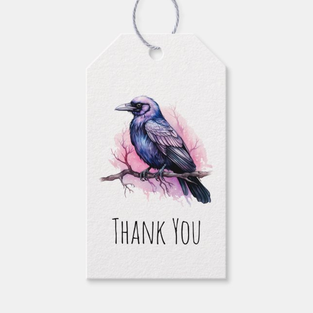 Black Raven on a Branch Illustration Vielen Dank Geschenkanhänger (Vorderseite)