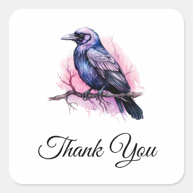 Black Raven on a Branch Illustration Vielen Dank Quadratischer Aufkleber (Vorderseite)