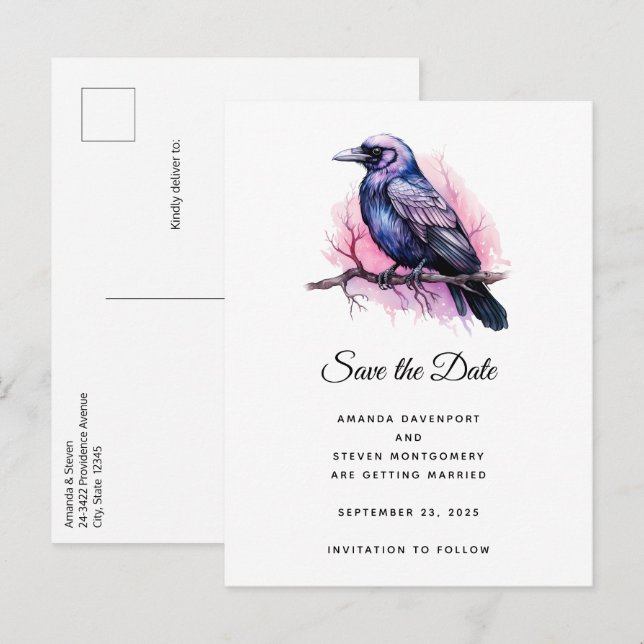 Black Raven on a Branch Illustration Wedding Ankündigungspostkarte (Vorne/Hinten)
