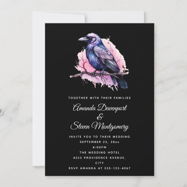 Black Raven on a Branch Illustration Wedding Einladung (Vorderseite)