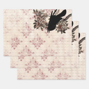 Black Raven on Branch Burgundy Damask Geschenkpapier Set