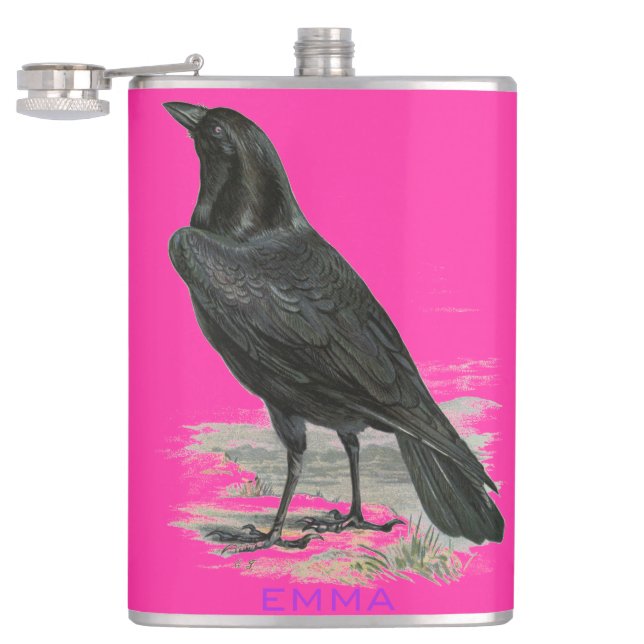 Black Raven Personalisieren rosa Name Flask Flachmann (Geöffnet)