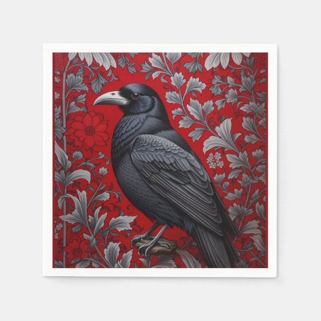Black Raven Red Floral William Morris Inspired Serviette (Vorderseite)