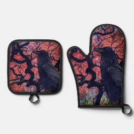 Black Raven und Gnarly Japanese Maple Tree Ofenhandschuh & Topflappen-Set