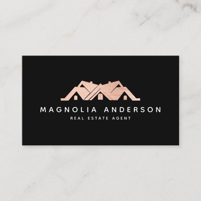 Black Real Anwesen Agent Rose Gold Brushed Metal Visitenkarte (Vorderseite)
