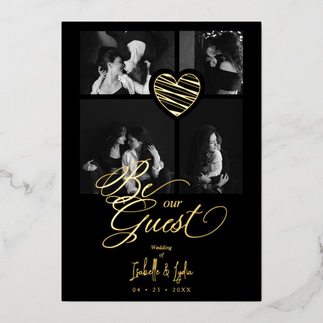 Black Real Golden Luxury Heart 4 photos Collage  Folieneinladung (Vorderseite)