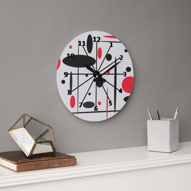 Black, Red and White Abstract Wall Clock Große Wanduhr (Büro)