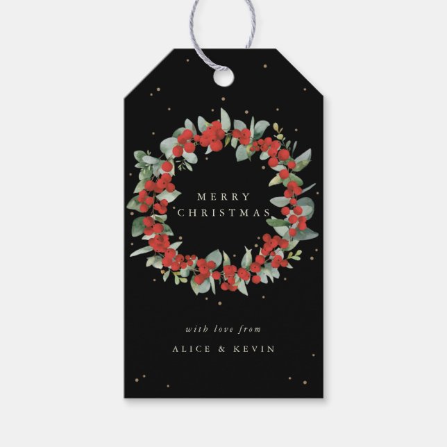 Black Red Berry+Eucalyptus Christmas/Holiday Geschenkanhänger (Vorderseite)