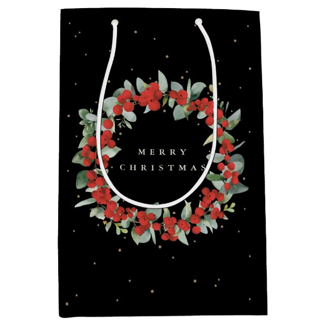 Black Red Berry+Eucalyptus Christmas/Holiday Mittlere Geschenktüte (Vorderseite)
