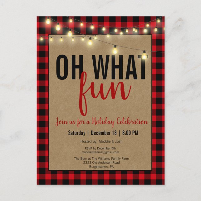Black & Red Buffalo Check Fun Invitation de fête d (Devant)