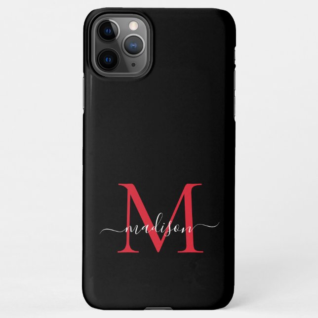 Black Red Burgundy Monogram Feminine Script Name iPhone Hülle (Rückseite)