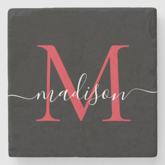 Black Red Burgundy Monogram Feminine Script Name Steinuntersetzer