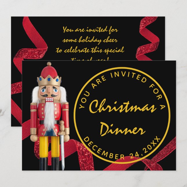 Black Red Christmas Eve Dinner Gold Nutcracker Einladung (Vorne/Hinten)