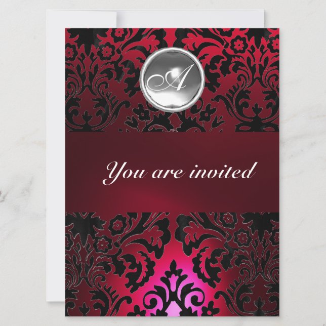BLACK & RED DAMASK GEM STONE MONOGRAM burgundy Einladung (Vorderseite)