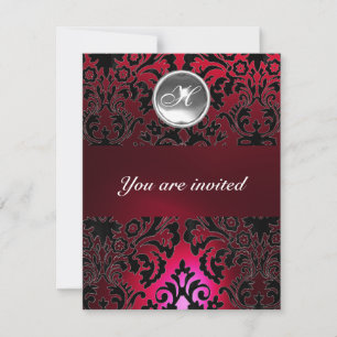 BLACK & RED DAMASK GEM STONE MONOGRAM burgundy Einladung