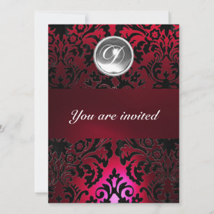 BLACK & RED DAMASK GEM STONE MONOGRAM burgundy Einladung