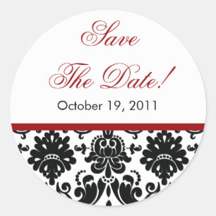 Black & Red Damask Save the Date Hochzeitsaufklebe Runder Aufkleber