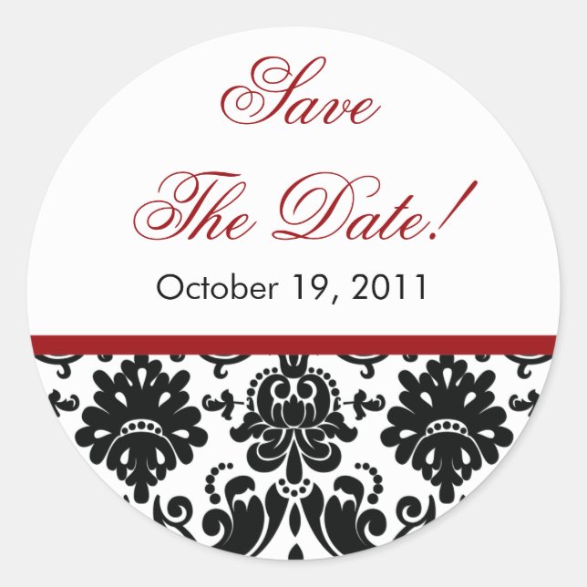 Black & Red Damask Save the Date Hochzeitsaufklebe Runder Aufkleber (Vorderseite)
