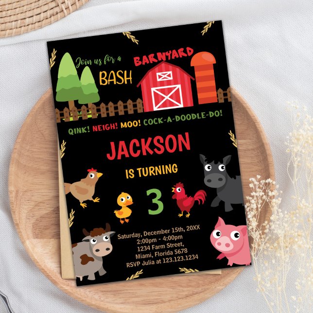 Black Red Farm Animaux Invitations Anniversaire (Black Red Farm Animals Birthday Invitations)
