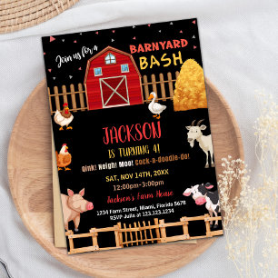 Black Red Farm Animaux Invitations Anniversaire