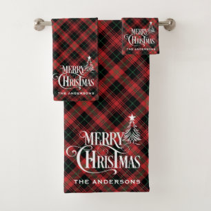 Black Red Farmhouse Weihnachten Tartan Kariert Cus Badhandtuch Set