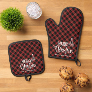 Black Red Farmhouse Weihnachten Tartan Kariert Cus Ofenhandschuh & Topflappen-Set
