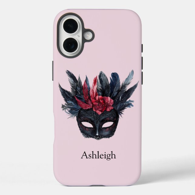 Black Red Feathers Maske iPhone 16 Plus Hülle (Rückseite)