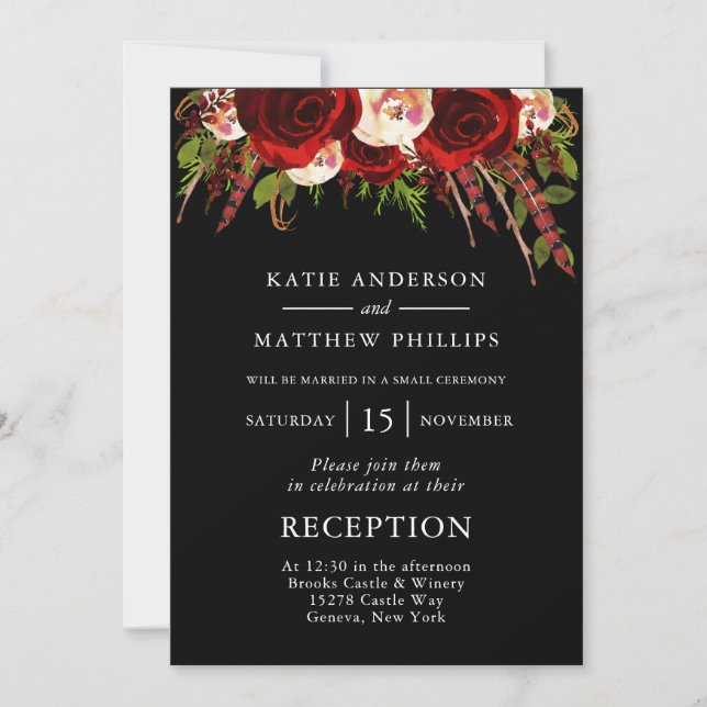 Black Red Floral Boho Hochzeitsempfang Einladung (Vorderseite)