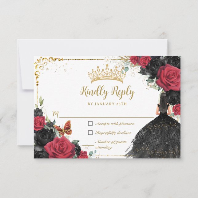 Black Red Floral Gold Princess Gown Quinceañera RSVP Karte (Vorderseite)