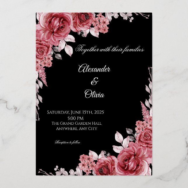 Black & Red Floral Wedding Invitation | Elegant Ro Folieneinladung (Vorderseite)