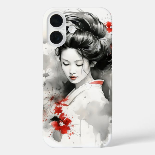 Black Red Geisha iPhone 16 Hülle (Rückseite)