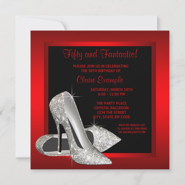 Black Red Glitzer High Heels Frauen 50. Brithday Einladung (Vorderseite)