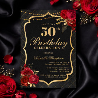 Black, Red & Gold 50th Birthday Invitation