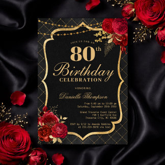 Black, Red & Gold 80th Birthday Invitation Einladung