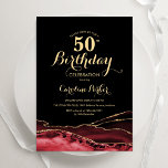 Black Red Gold Agate 50. Geburtstag Einladung<br><div class="desc">Schwarz,  Rot und Gold über 50. Geburtstag Einladung. Elegantes modernes Design mit Aquarellfarben-marmorgeode Hintergrund,  Imitats Glitzer Gold und Typografie Skript-Schriftart. Die trendige Einladungskarte eignet sich perfekt für eine stilvolle Damenfeier. Gedruckte Zazzle-Einladungen oder Sofortdownload digitaler Druckvorlage.</div>