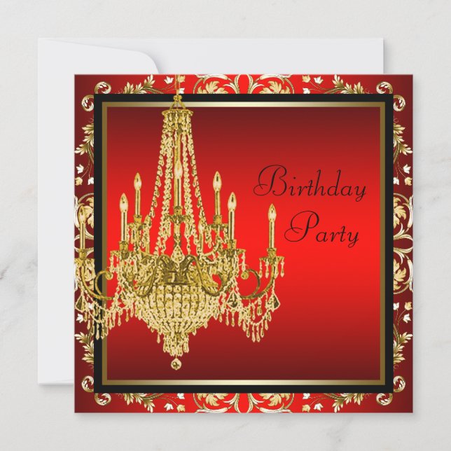 Black Red Gold Chandelier Birthday Party Einladung (Vorderseite)