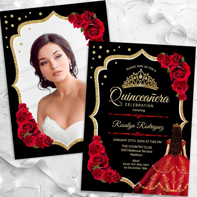 Black Red Gold Dress Quinceanera Foto Einladung (Von Creator hochgeladen)