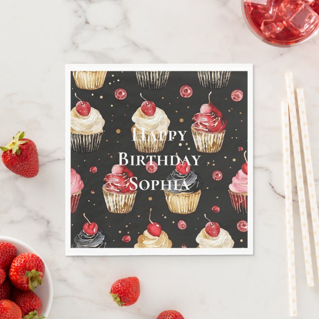 Black Red Gold Glam Cupcakes Birthday Serviette (Beispiel)